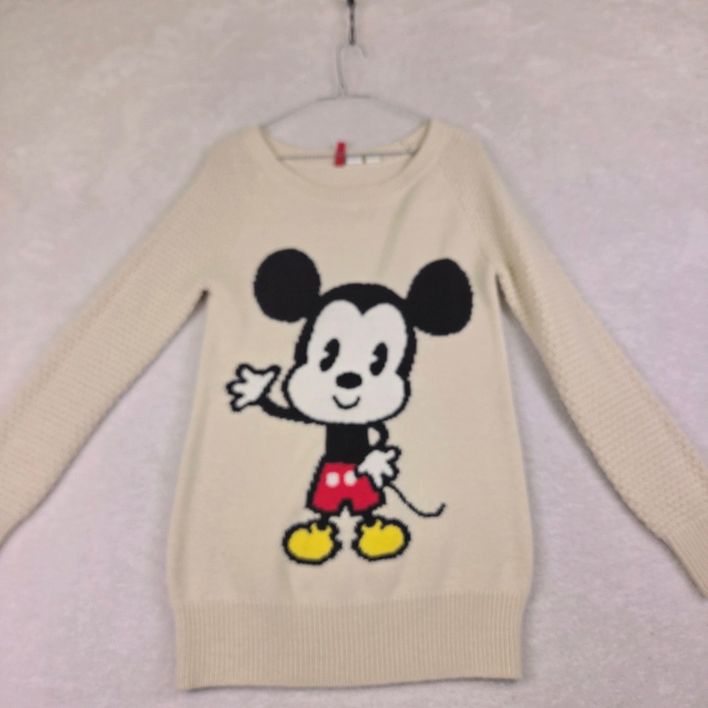H&M Disney Mickey Mouse Knit Sweater Ivory Cream Long Sleeve Pullover Womens S
